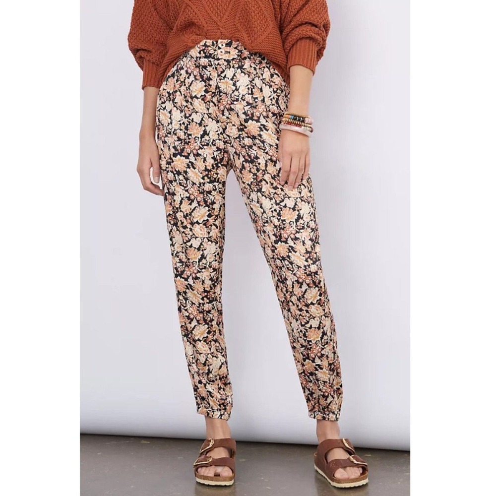 Anthropologie Floral Tapered Pants Womens 4 Black Orange Ankle Zip Boho Casual